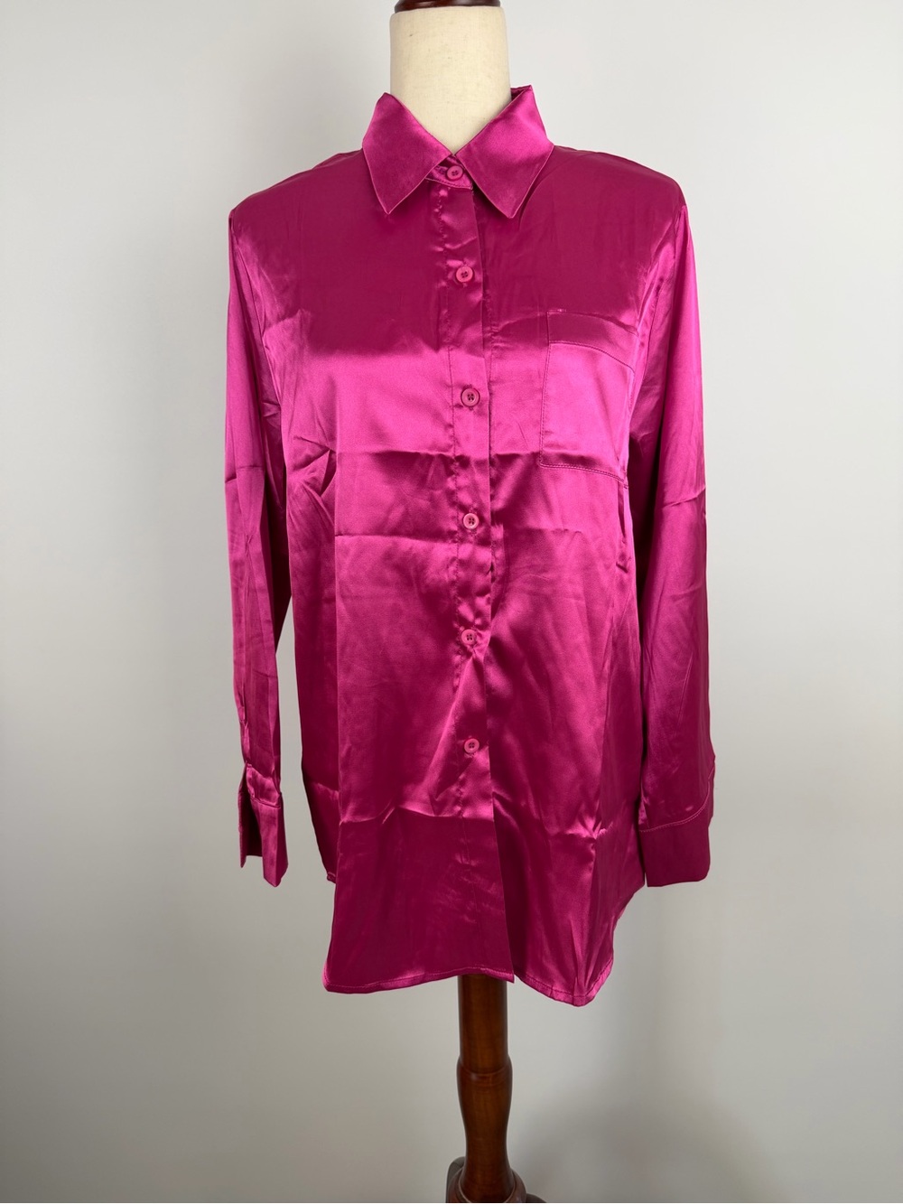 Women’s Satin Button-Up Pajama Top in Fuchsia with Matching Pajama Shorts Size